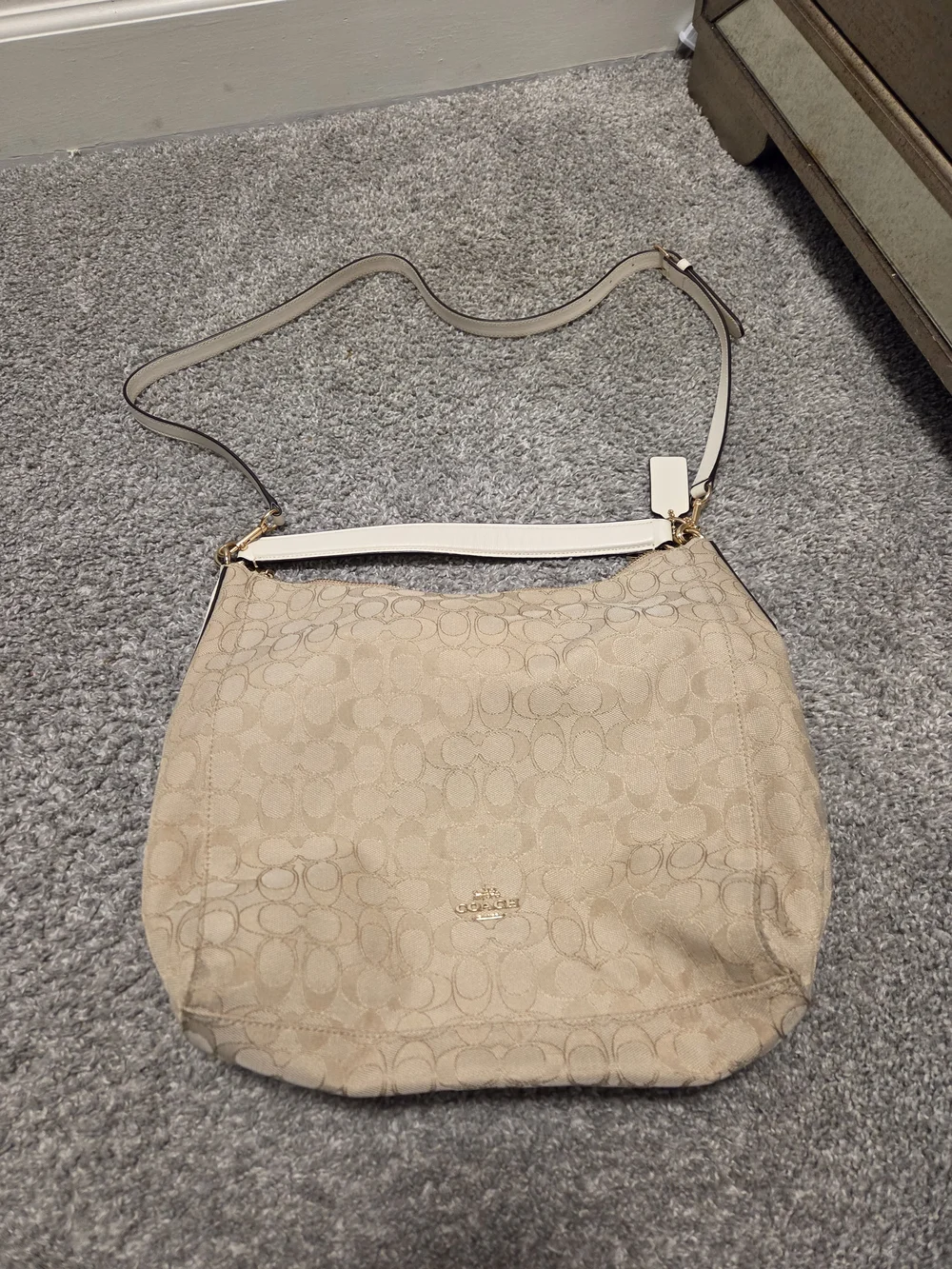 Coach Beige Signature Canvas Hobo with White Trim